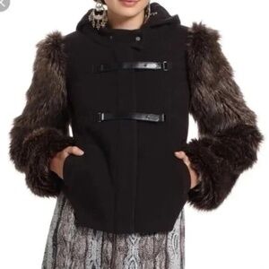 ANTHROPOLOGIE LEIFSDOTTIR HARLOW HOODED WOOL JACKET/COAT WITH FUR SLEEVES